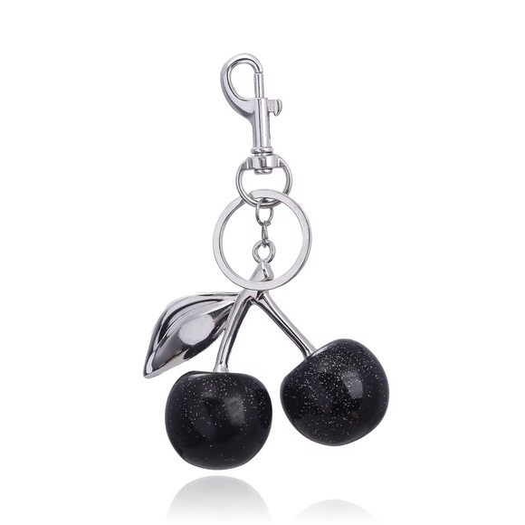 Accessories - Black Glitter Cherry Bag Charm Keychain | Purse Charm with Silver Hardware